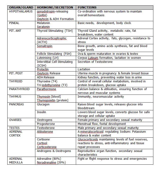 Summary of Endocrine Glands, Their Hormones and Physiological Functions 